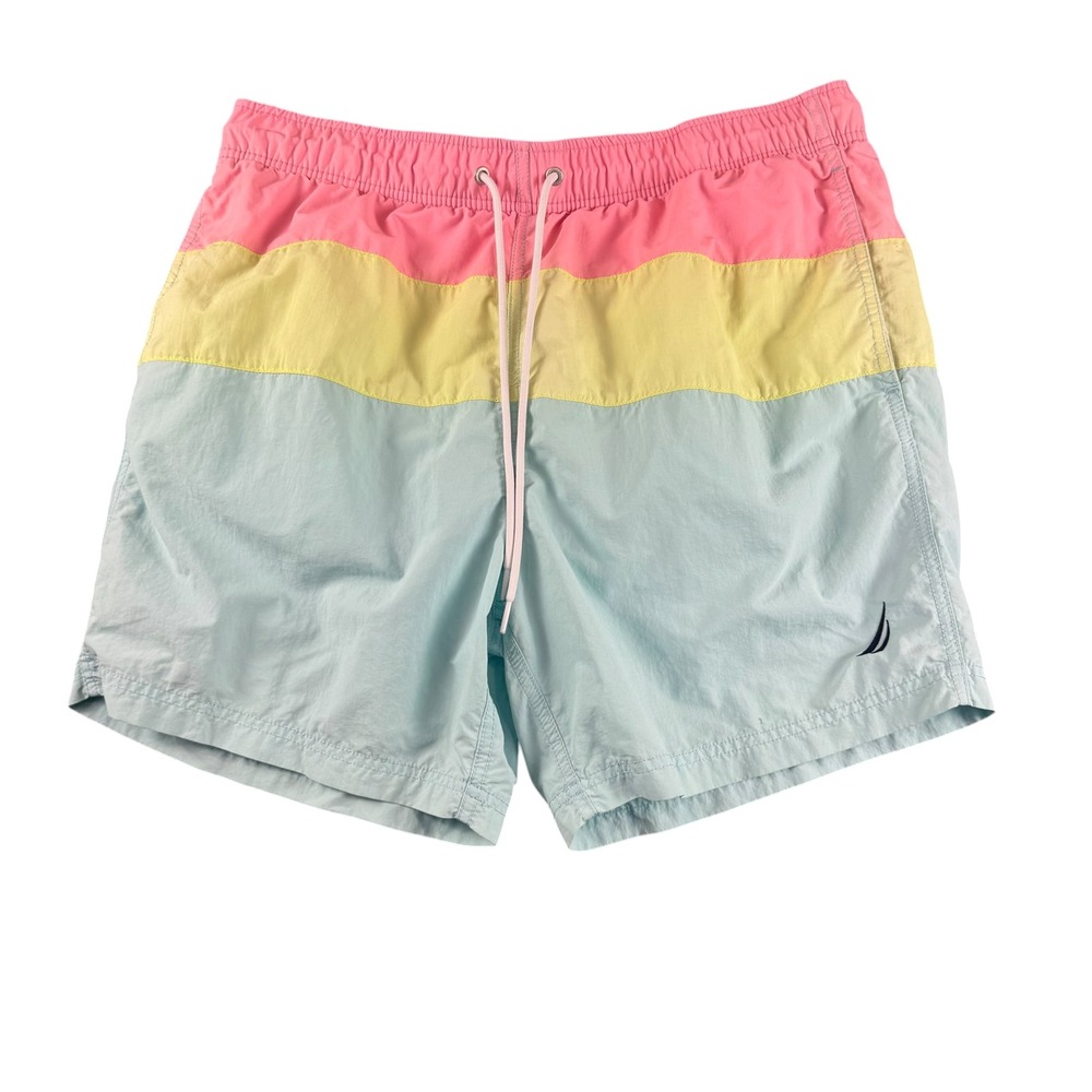 Nautica Mens Pastel Colorblock Swim Trunks Pink Yellow Blue Large